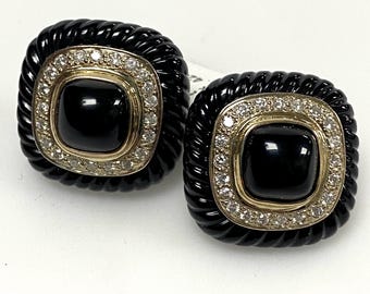 v593 Pair of 14K White Gold Black Onyx and 0.42cts Diamond Stud Pierced Earrings