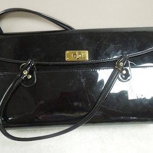 r032 Aetna Bolso de mano con marco vintage, bolso tipo cartera, charol negro grande Hecho en EE. UU.