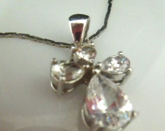 r847 Vintage Silver tone Cubic Zirconia Cross Pendant Necklace 25"