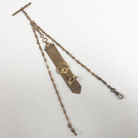 e499 Antique Gold Filled Mesh Fob Vest Pocket Wat… - image 1