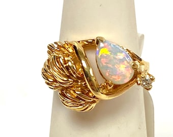 v642 Anillo vintage de oro amarillo de 14 k con piedra preciosa blanca de ópalo en forma de pera, talla 2,25
