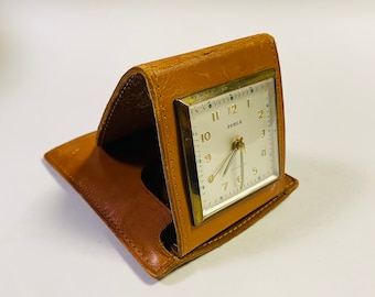 f488 Vintage Semca Germany Travel Folding Alarm Clock Leather Case 7J