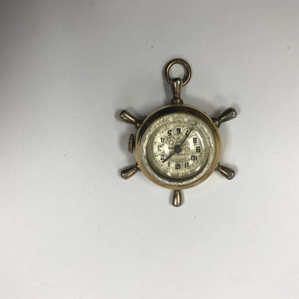 a621 Vintage  Gold Tone Miniature Wheel Pocket Mechanical Watch Pendant