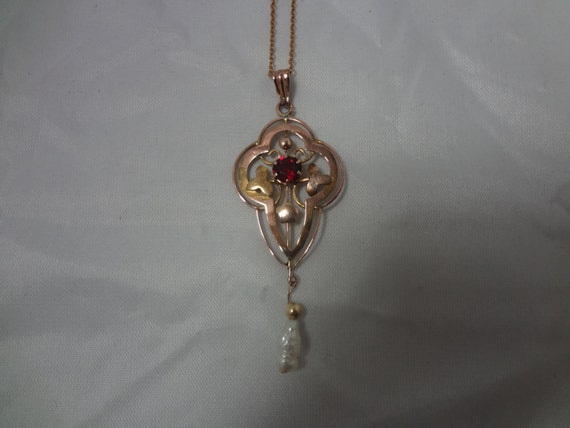 c481 Vintage 1800's Ruby and Keshi Pearl Victoria… - image 2