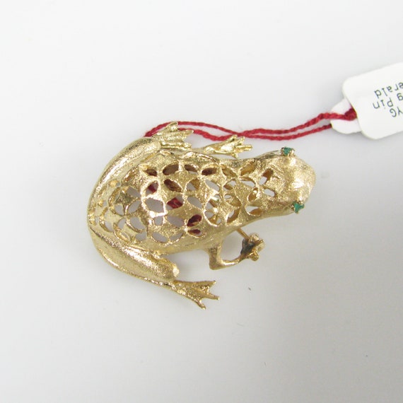 g030 Unique 14k Yellow Gold Emerald Frog Brooch /… - image 7