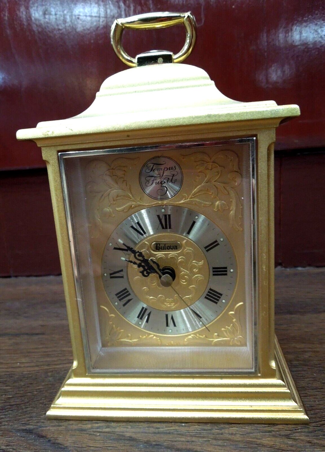 S848 Vintage Jewel Gold Bulova Desk Mantel Clock Tempus
