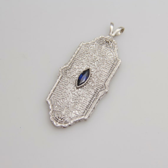 d628 Stunning 10k White Gold Sapphire Filigree Pe… - image 2