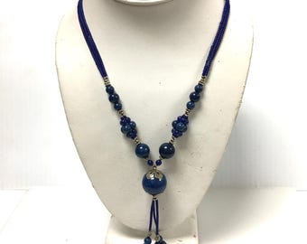 v620 Collar vintage de lapislázuli azul con cuentas estilo Y en plata de ley de 25" de largo