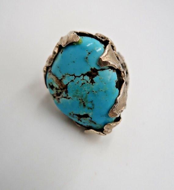 t387 Vintage Turquoise Mens Ring Sterling Silver … - image 4