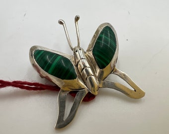 t721 Unique Silver Malachite Butterfly Pin