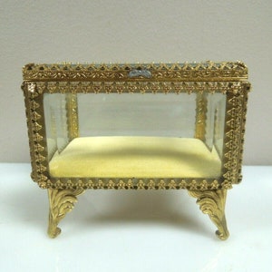 r008 Vintage Metal Brass Trinket Jewelry Box with Beveled Glass And Velvet Pillow