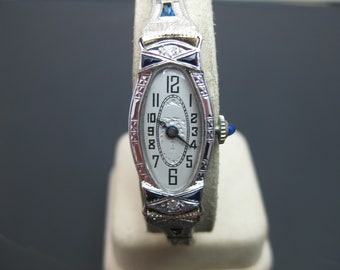 h506 Gorgeous Vintage 14k White Gold 1930s Vanburen Diamond & Sapphire Watch