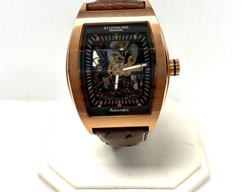 w056 Stührling Original Millennia Skeleton Automatic Wrist Watch Tonneau Case