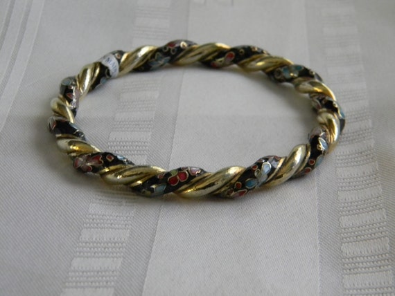 h960 Pretty Vintage Unique Cloisonne Twisted Bangle Bracelet in Black Metal