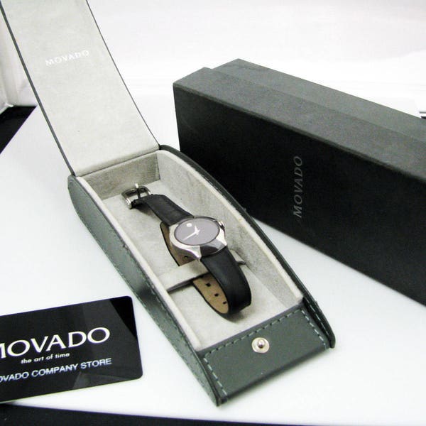 c659 Elegant Womans Movado Watch in Black and Silver tone with Museum Dial and Box