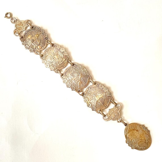 v516 Vintage Silver Plated Don Quixote Spain Story Souvenir Panel Bracelet 1940s
