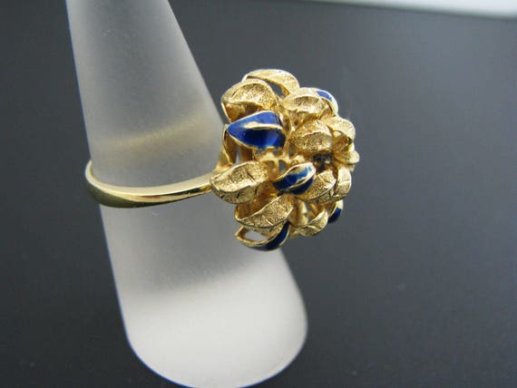c495 Unique Chrysanthemum Ring with Blue Enamel i… - image 3