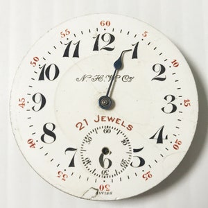 May include: A white pocket watch face with black Roman numeral hour markers and black Arabic numeral minute markers. The watch face has a black hand and a silver second hand. The watch face also has the text "N.F.C. W. Co." and "21 Jewels" in black text. The watch face is surrounded by a white metal case with a silver rim.