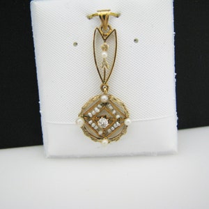 a826 Beautiful Vintage Pearl and Diamond Pendant in 10k Yellow gold