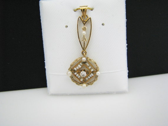 a826 Beautiful Vintage Pearl and Diamond Pendant … - image 1