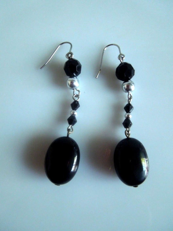 s312 Vintage Black Natural Stone Earrings, Dangle 
