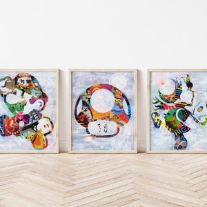 Mario, Toad & Yoshi Collage Art Print Set - 3 Piece Colorful Gaming Wall Decor