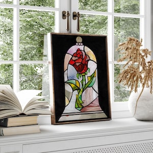 Stained Glass rose art print Beauty and the beast, Unique Christmas gift for her Red Rose Print Flower Wall Art Botanical Print Floral Print