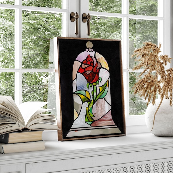 Stained Glass Rose, Rose Collage, Stained Glass inspired art, Rose Wall Decor, Floral Wall Art, Romantic home decor