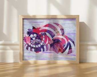 Cheshire Cat Print Alice in Wonderland, Wall Decor Christmas Gift idea, Literary colorful decor, purple art maximalism decor bohemian decor