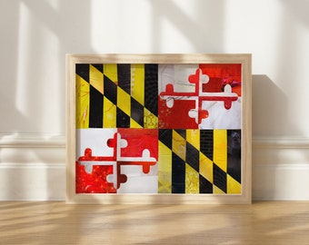 Maryland flag enthusiast, Maryland wall art, Baltimore, Mixed Media collage art, Ocean City MD, University of Maryland