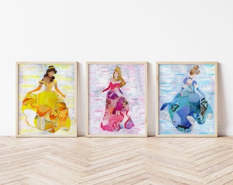 Princess wall art set, Belle Aurora Cinderella Princess wall decor Girls princess room Princess nursery Princess art room Fairytale Print