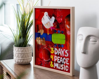 Woodstock poster, Bohemian Art, Colorful Maximalism, retro quirky wall art, rock and roll, Unframed