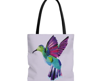 Hummingbird Tote Bag, Colorful Bag for carrying books, Abstract hummingbird, Purple and Pink Tote, Front and Back Design