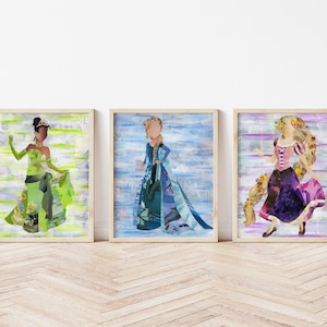 Princess wall art set Tiana, Elsa, Rapunzel Princess wall decor Girls princess room nursery art room Fairytale Print