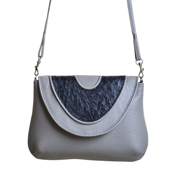 Hand Crafted Genuine Bovine and Ostrich Leather Grey Clutch Hand Bag by Liebenberg Leather Co.