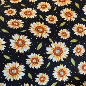 LAST PIECE Sunflower Fabric on Black Background