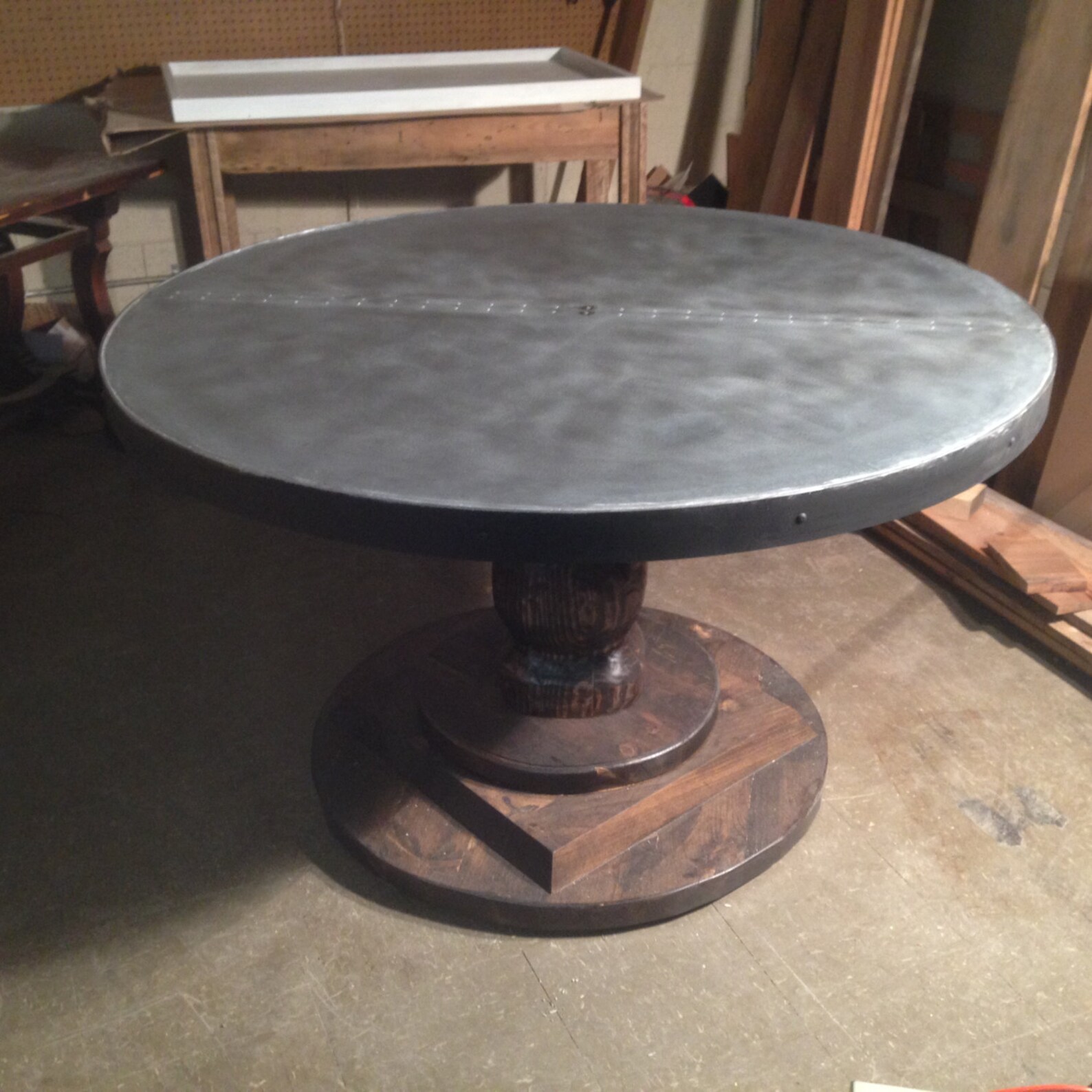 Rustic Round Zinc Table with Carved Wood Pedestal Base Etsy