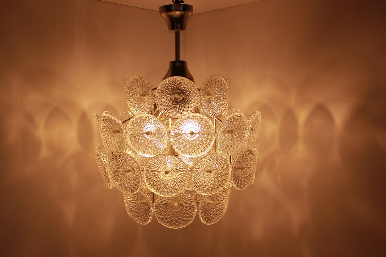 Large Faceted Crystal Glass Chandelier Lighting Mid Century Image 0