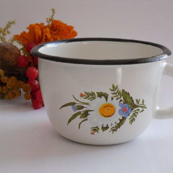 Enamel Mug Enamel Cup, Children's cup shatterproof White Vintage 70's Soviet Ukraine, collectible USSR Floral Cup, Camp Mug Metal Cup