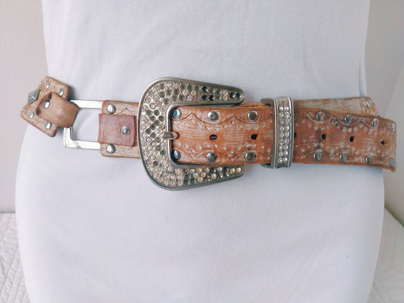 Hip Leather Belt* Tan Brown Rivets Studded Riveted Belt Rhinestones Buckle Festival Boho Bohemian Biker Rock Steampunk Hippie Womens Western