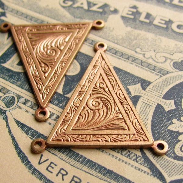 Queen Anne Triangle link (4 connectors) 25mm pendant drop, antiqued brass, pink patina, rose gold brass, pink copper, made in USA