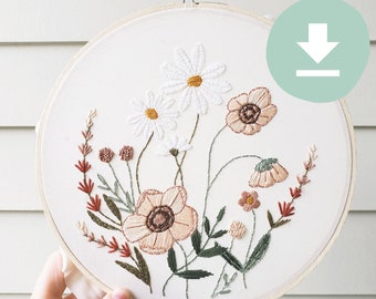 PATTERN • Floral Embroidery Downloadable PDF for Beginners • How to Embroider Wildflowers Modern Embroidery Design