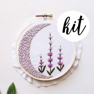 KIT -Beginners DIY Embroidery Kit for Adults • Abstract Moon and Lavender Wall Art • Beginner to Intermediate Craft Kit • Gift for Her