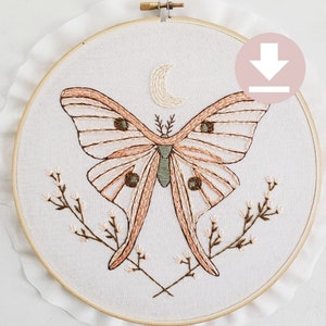 PATTERN • Luna Moth with Crescent Moon DIY Embroidery Pattern Digital Download Learn How to Embroider Diy gift for sister