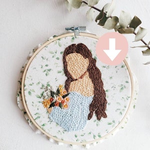 Embroidery Pattern Girl Holding Flowers • Abstract Feminine Portrait • Downloadable PDF Pattern