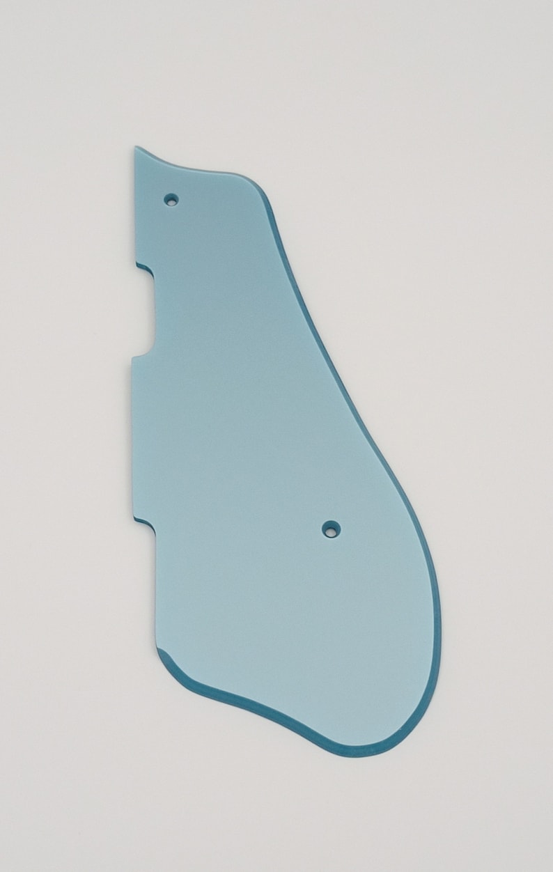 May include: A light blue plastic guitar pickguard with two small holes.