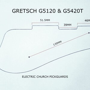 Puede incluir: Un dibujo en blanco y negro de una placa de protecci&oacute;n de guitarra con medidas en mil&iacute;metros. La placa de protecci&oacute;n es para una guitarra Gretsch G5120 y G5420T Electric Church. El texto "ELECTRIC CHURCH PICKGUARDS" est&aacute; debajo del dibujo.