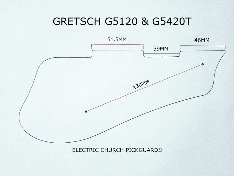 Puede incluir: Un dibujo en blanco y negro de una placa de protecci&oacute;n de guitarra con medidas en mil&iacute;metros. La placa de protecci&oacute;n es para una guitarra Gretsch G5120 y G5420T Electric Church. El texto "ELECTRIC CHURCH PICKGUARDS" est&aacute; debajo del dibujo.