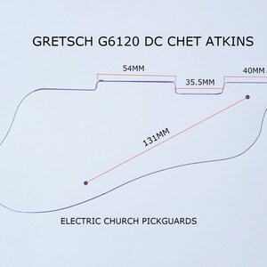 May include: A blueprint of a Gretsch G6120 DC Chet Atkins guitar pickguard. The pickguard is outlined in blue with measurements in millimeters: 54mm, 35.5mm, 40mm, and 131mm. The text "ELECTRIC CHURCH PICKGUARDS" is at the bottom.