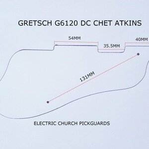 May include: A line drawing of a guitar pickguard template for a Gretsch G6120 DC Chet Atkins guitar. The template shows the dimensions of the pickguard, including a length of 131 mm, a width of 54 mm, and a width of 40 mm. The text "ELECTRIC CHURCH PICKGUARDS" is printed below the template.